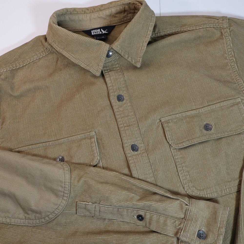 Eddie Bauer Corduroy Shirt Mens M Tan Elbow Patch Long Sleeve Utility Button Up